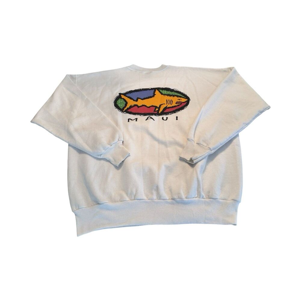 Vtg Hanes XL Maui Hawaii Crewneck Sweatshirt White Shark Made‎ In USA
